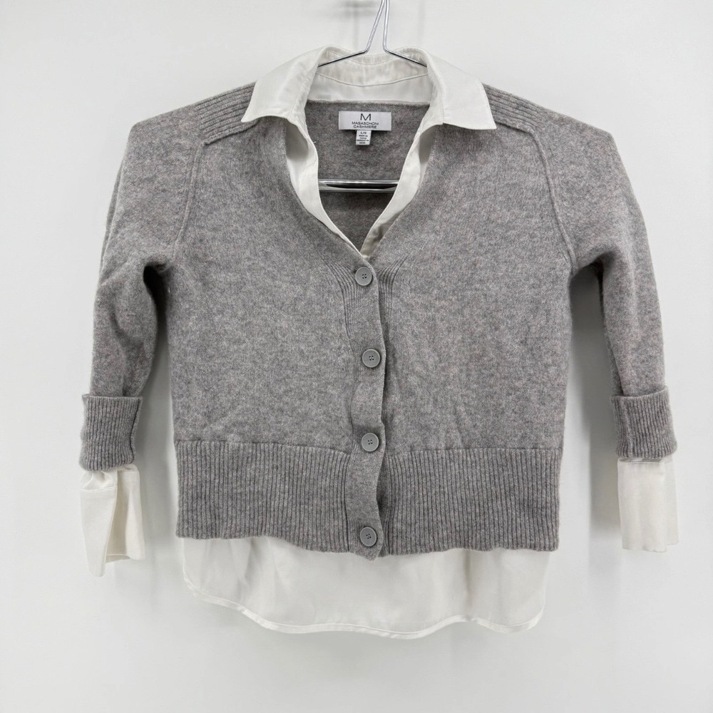 Magaschoni Cashmere Cardigan Womens L Layered Shirt 100% Cashmere Grey Solid